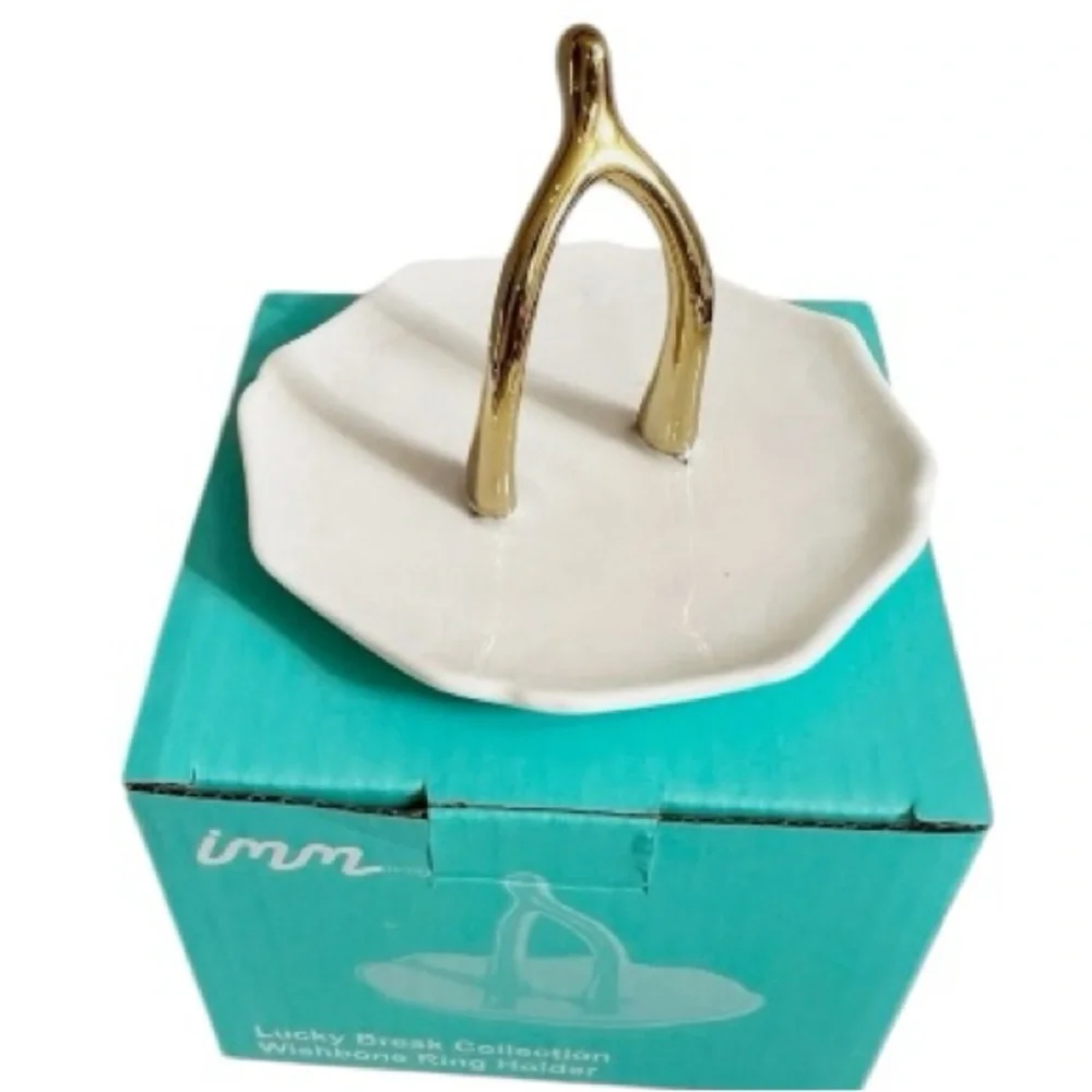 IMM Lucky Break Wishbone Ring Holder White Porcelain Gold Jewelry Holder NIB NEW